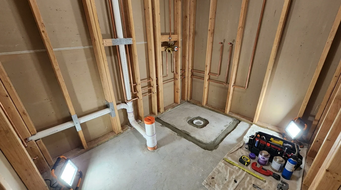 Bathroom rough-in plumbing during remodel by Johns Plumbing LLC in Saddle River