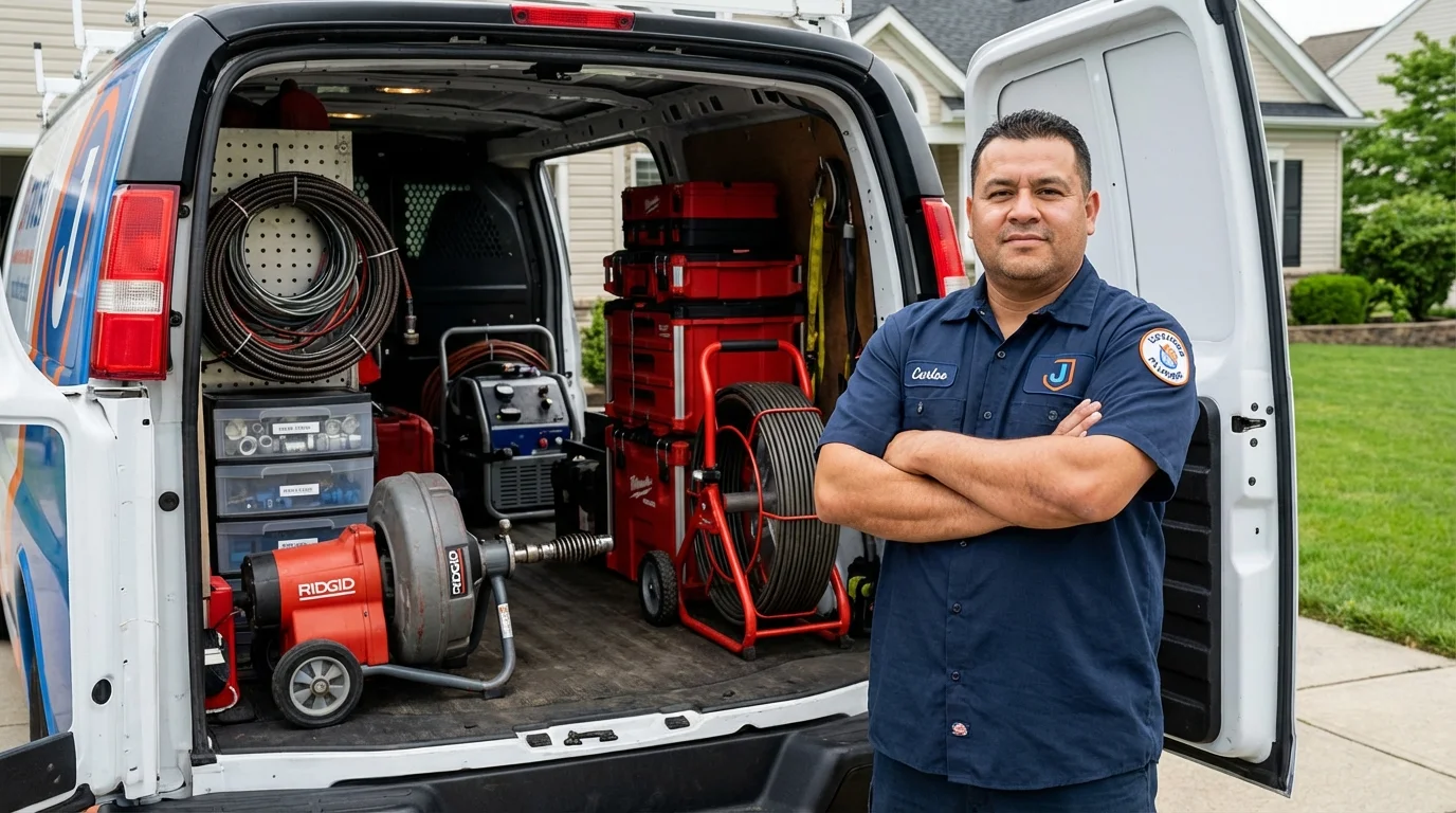 Professional drain cleaning equipment and Johns Plumbing LLC plumber in Saddle River