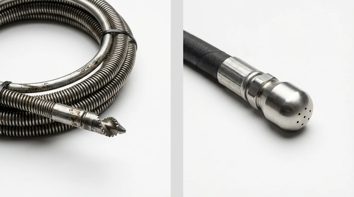 Drain snake cable and hydro jetting nozzle used for drain cleaning in Saddle River, NJ