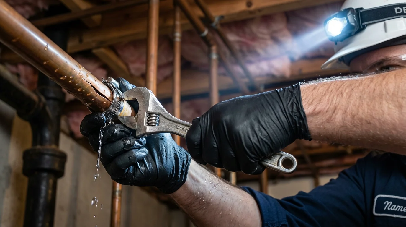 Emergency pipe clamp repair being performed by a Johns Plumbing LLC plumber in Saddle River
