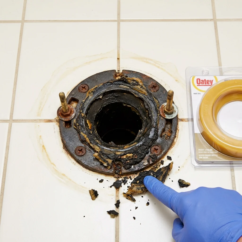 Failed wax ring showing water seepage at the base of a toilet in a Saddle River, NJ home