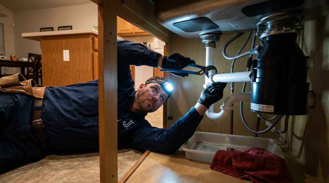 P-trap and supply line connections under a kitchen sink showing a common leak point in Saddle River, NJ